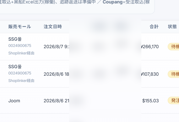 Prime Shopperの実画面。SSG.COM経由・JOOMなど複数モールの注文が、注文日時と金額とともに1画面に並ぶ